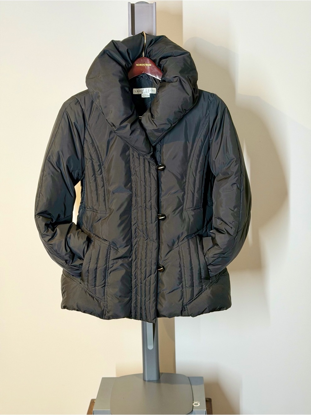 Ellen Tracy Quilted Black Puffer Coat with Shawl Neck